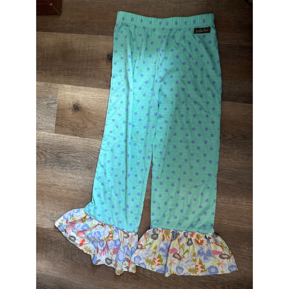 Matilda Jane Girls Size 8 Polka Dot Floral Ruffle Pajama Pants Mint Green Purple